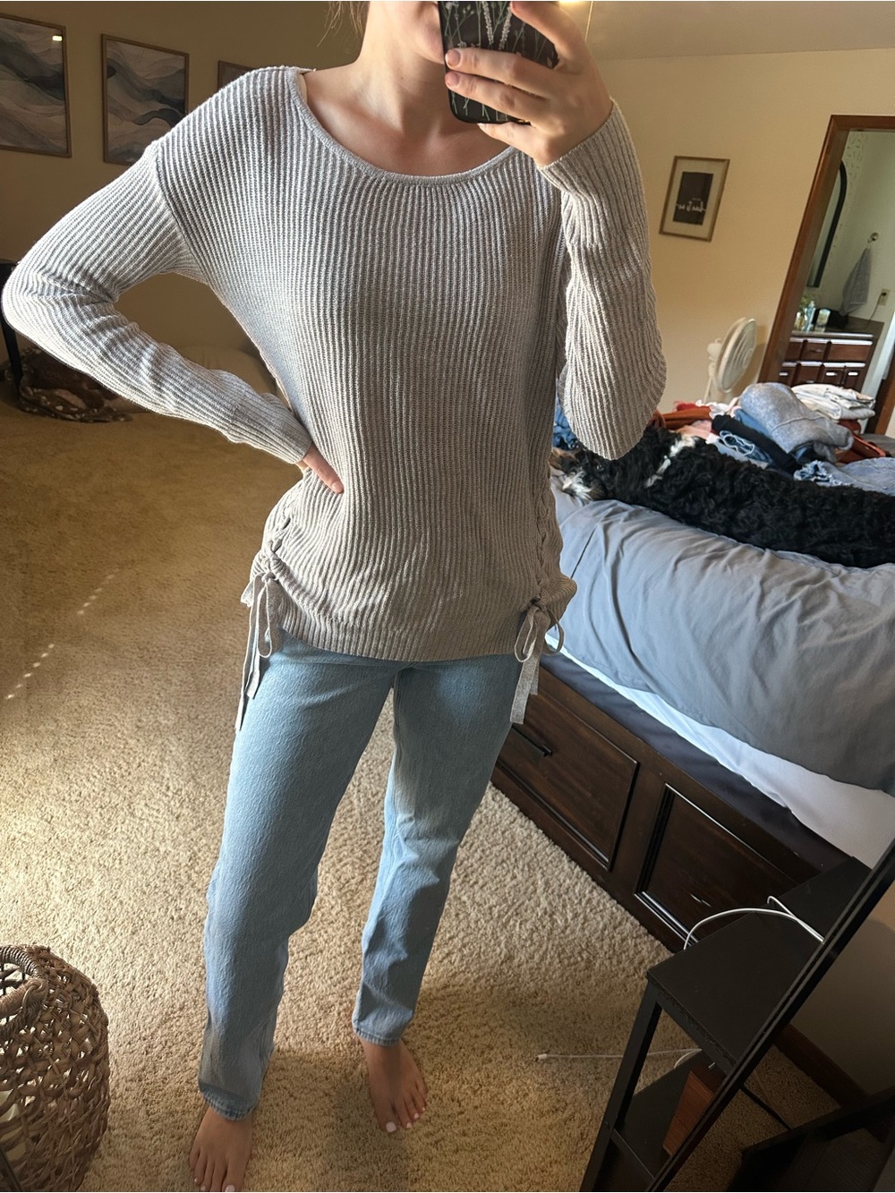 American Eagle Tan Ribbed Knit Sweater with Side Ties
